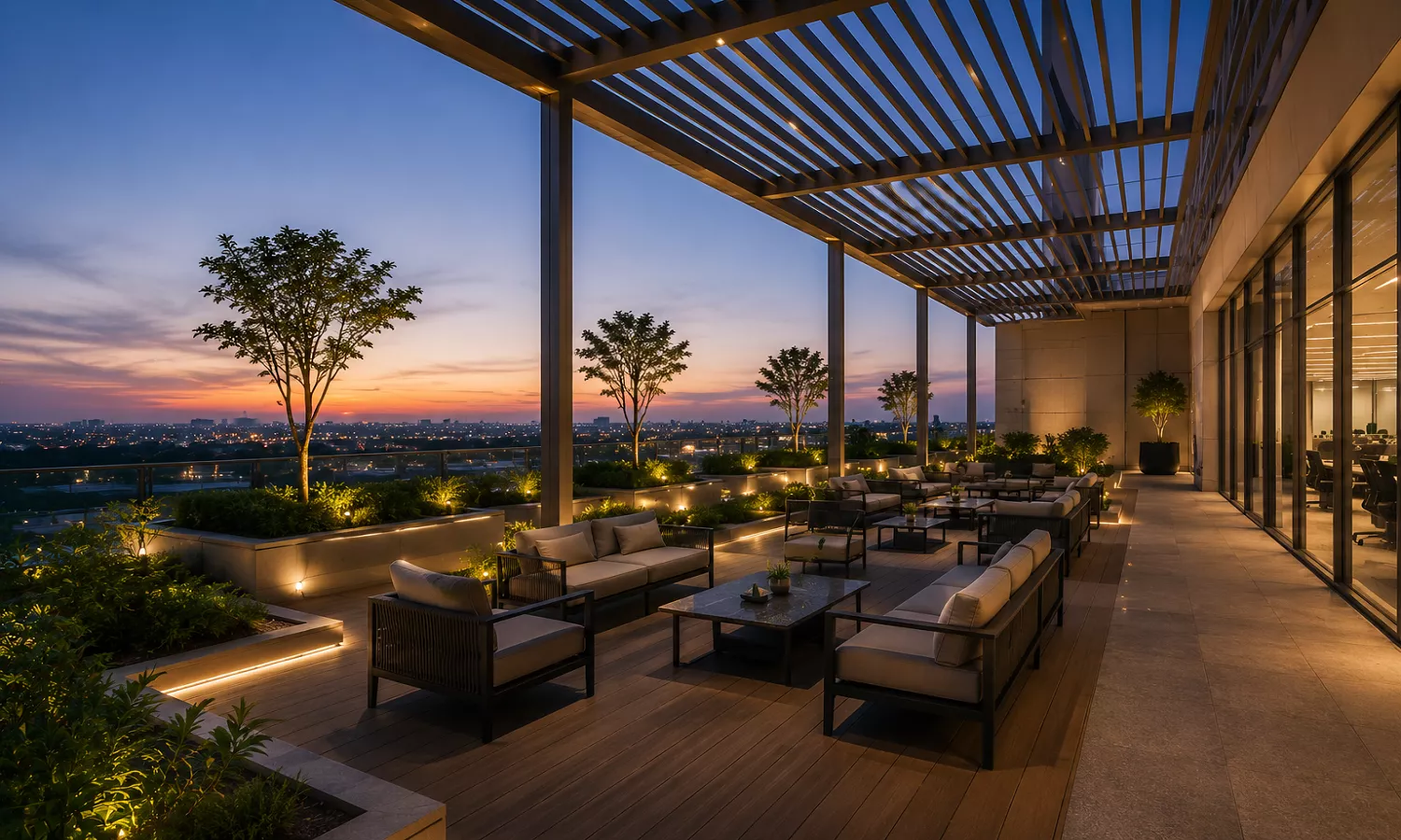 Puri Aerosphere Gurgaon Rooftop outdoor lounge with premium office space and city skyline view 